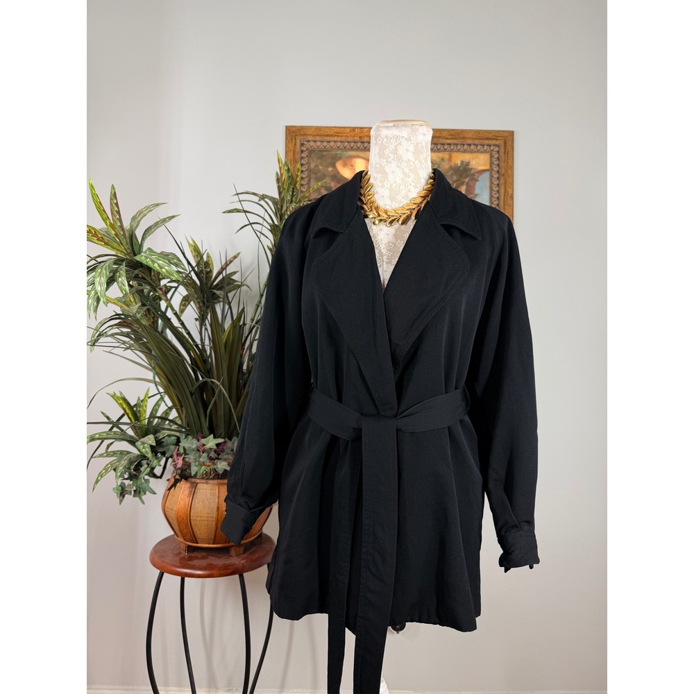 Karen Kane Wrap Jacket Women L Black Pure Wool Belted Trench Coat Made in USA